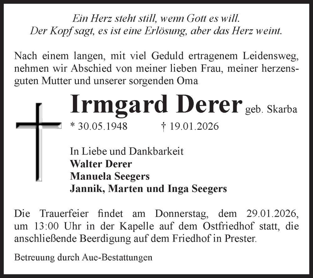  Traueranzeige für Irmgard Derer vom 24.01.2026 aus Volksstimme Magdeburg