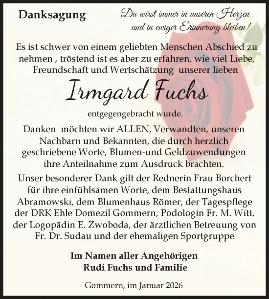 Traueranzeige von Irmgard Fuchs von Volksstimme Burg/Genthin