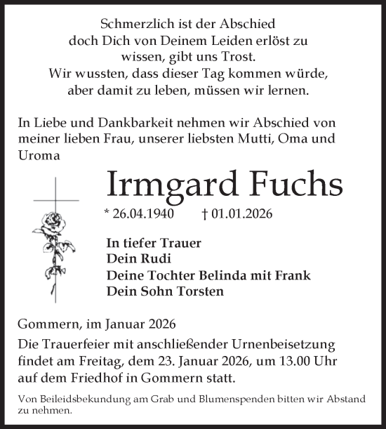 Traueranzeige von Irmgard Fuchs von Volksstimme Burg/Genthin