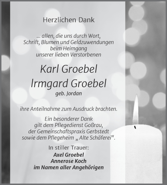 Traueranzeige von Irmgard Groebel von Trauerkombi Mansfelder Land