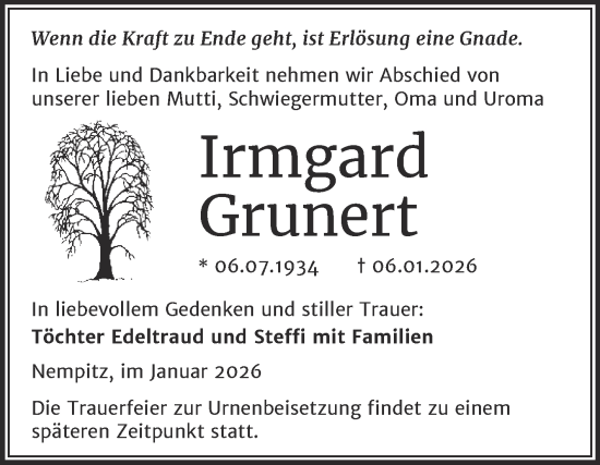 Traueranzeige von Irmgard Grunert von Trauerkombi Merseburg