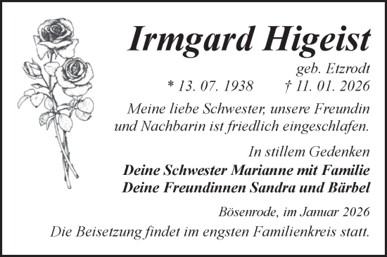 Traueranzeige von Irmgard Higeist von Trauerkombi Sangerhausen