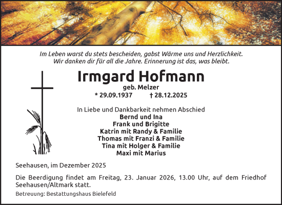 Traueranzeige von Irmgard Hofmann von Volksstimme Altmark Ost