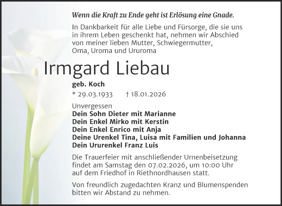 Traueranzeige von Irmgard Liebau von Trauerkombi Sangerhausen