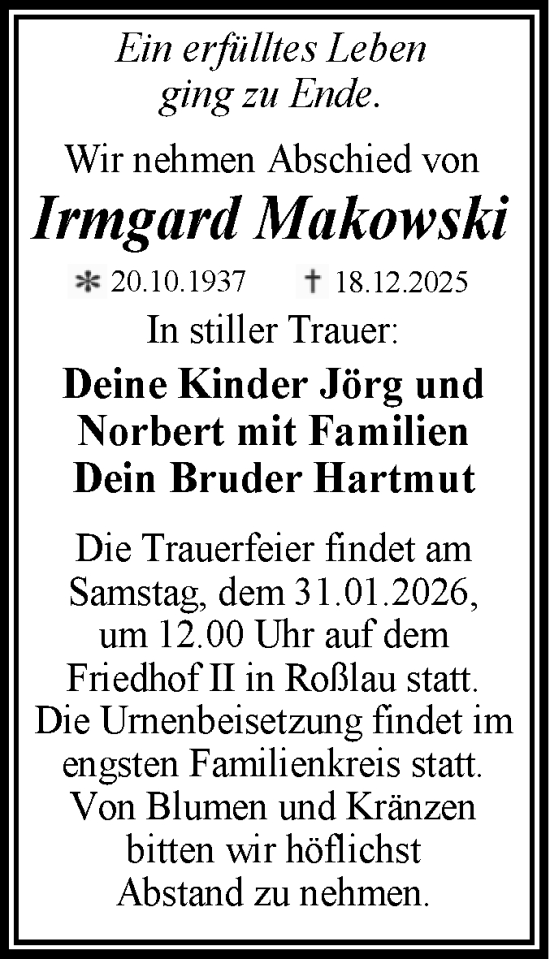 Traueranzeige von Irmgard Makowski von Trauerkombi Dessau