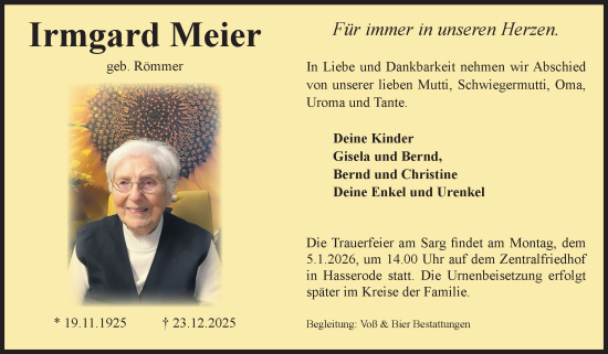 Traueranzeige von Irmgard Meier von Volksstimme Wernigerode