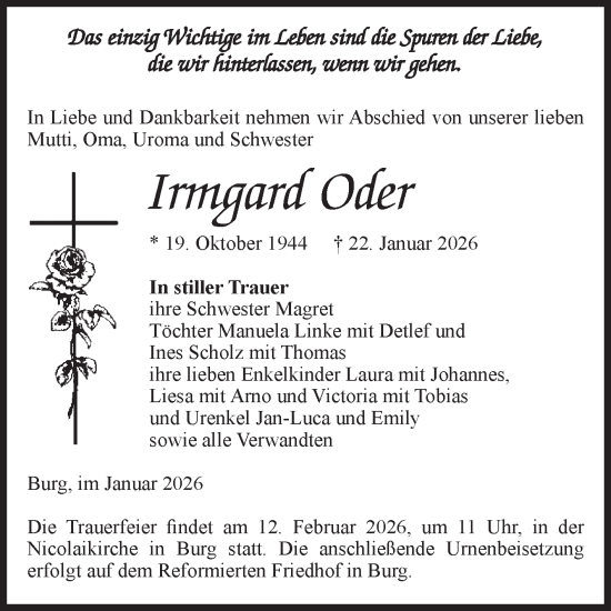 Traueranzeige von Irmgard Oder von Volksstimme Burg/Genthin