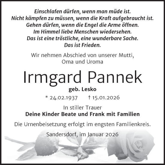 Traueranzeige von Irmgard Pannek von Trauerkombi Bitterfeld