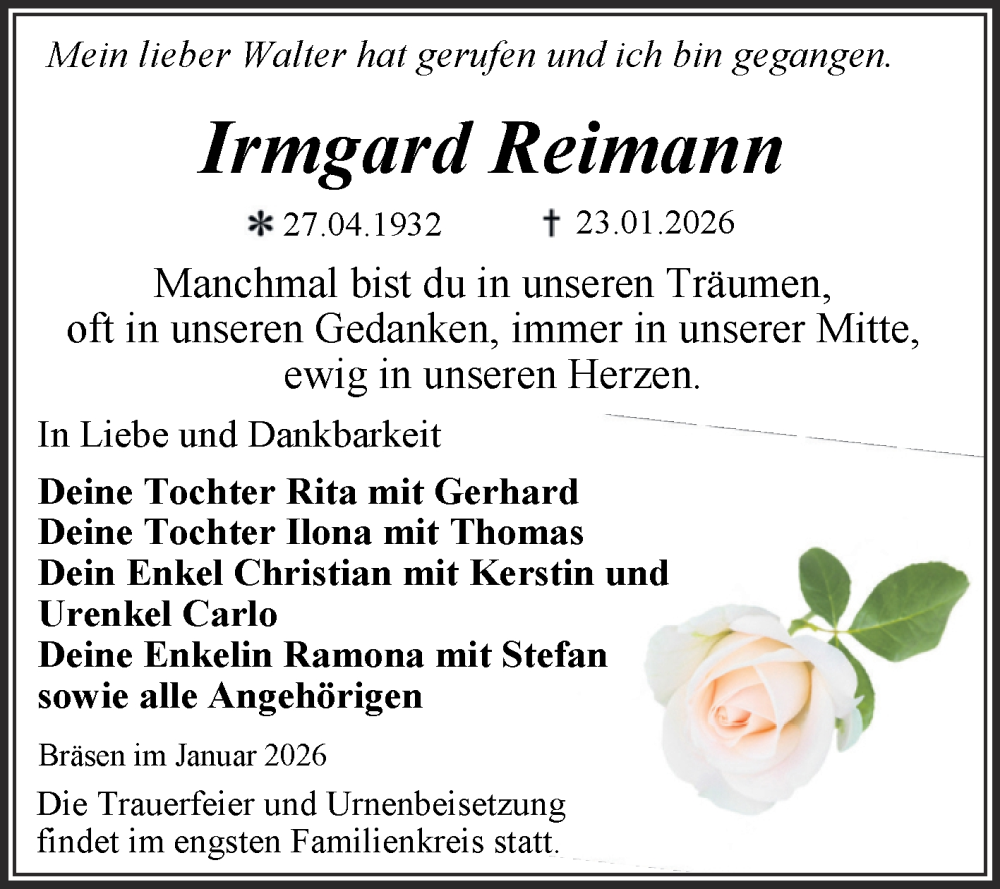  Traueranzeige für Irmgard Reimann vom 31.01.2026 aus Trauerkombi Wittenberg
