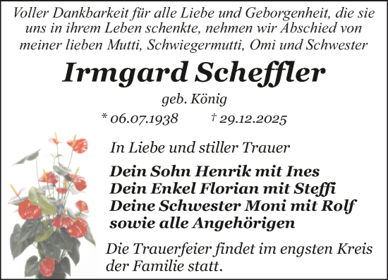 Traueranzeige von Irmgard Scheffler von Trauerkombi Dessau