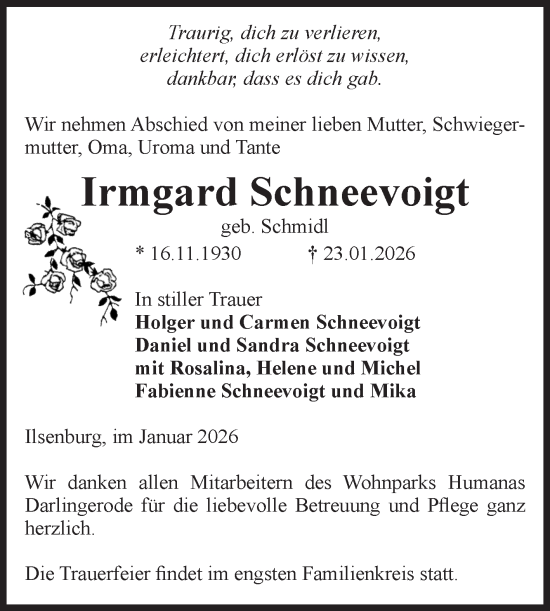 Traueranzeige von Irmgard Schneevoigt von Volksstimme Wernigerode