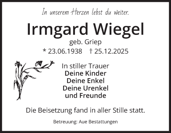 Traueranzeige von Irmgard Wiegel von Volksstimme Magdeburg