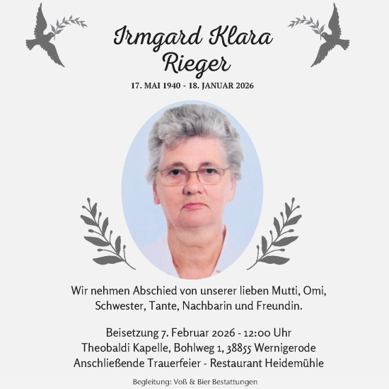 Traueranzeige von Irmgard Klara Rieger von Volksstimme Wernigerode