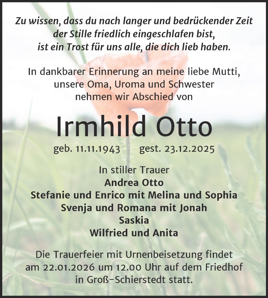 Traueranzeige für Irmhild Otto vom 10.01.2026 aus Trauerkombi Aschersleben
