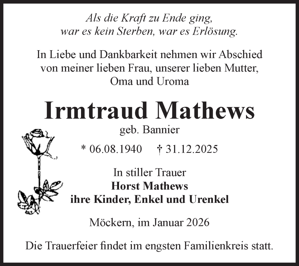  Traueranzeige für Irmtraud Mathews vom 10.01.2026 aus Volksstimme Burg/Genthin