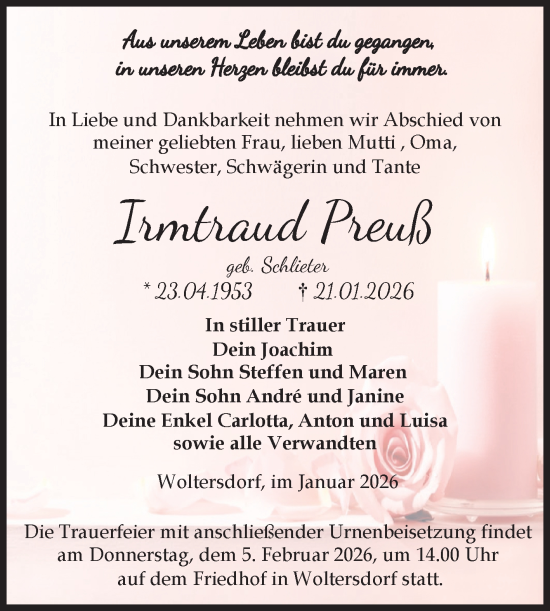 Traueranzeige von Irmtraud Preuß von Volksstimme Burg/Genthin