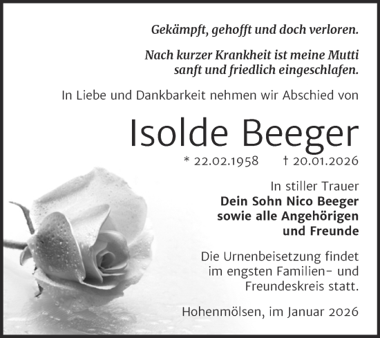 Traueranzeige von Isolde Beeger von Trauerkombi Weißenfels