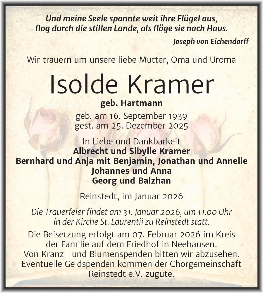  Traueranzeige für Isolde Kramer vom 17.01.2026 aus Trauerkombi Aschersleben
