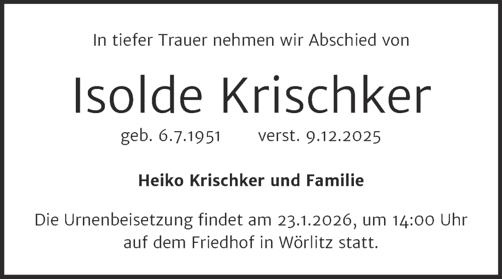  Traueranzeige für Isolde Krischker vom 10.01.2026 aus Super Sonntag Wittenberg