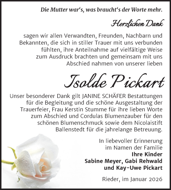 Traueranzeige von Isolde Pickart von Trauerkombi Quedlinburg