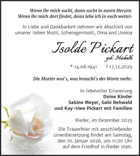 Traueranzeige von Isolde Pickart von Trauerkombi Quedlinburg