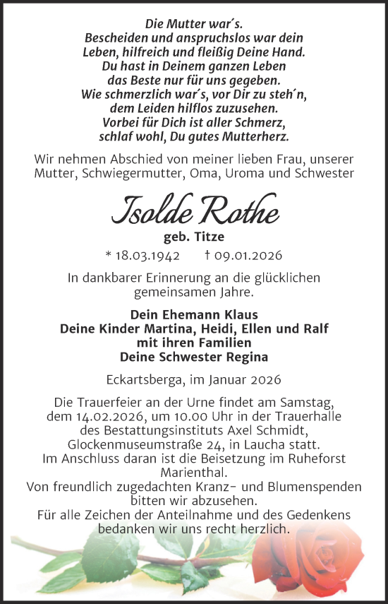 Traueranzeige von Isolde Rothe von Super Sonntag Naumburg/Nebra