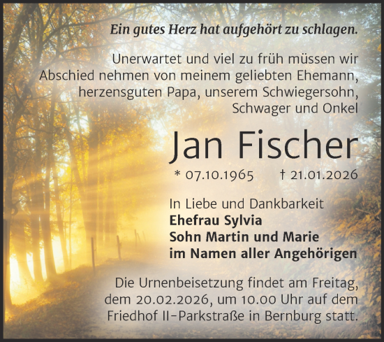 Traueranzeige von Jan Fischer von Trauerkombi Bernburg