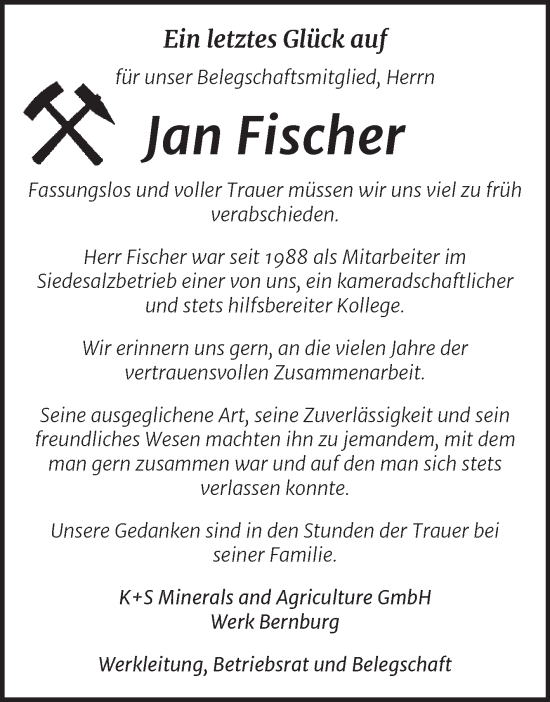 Traueranzeige von Jan Fischer von Mitteldeutsche Zeitung Salzlandkreis