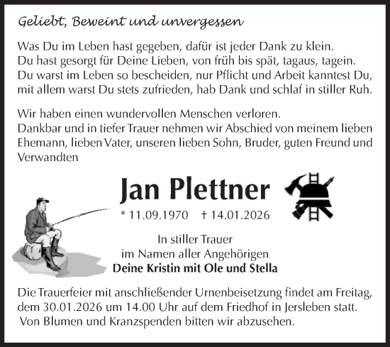 Traueranzeige von Jan Plettner von Volksstimme Burg/Genthin