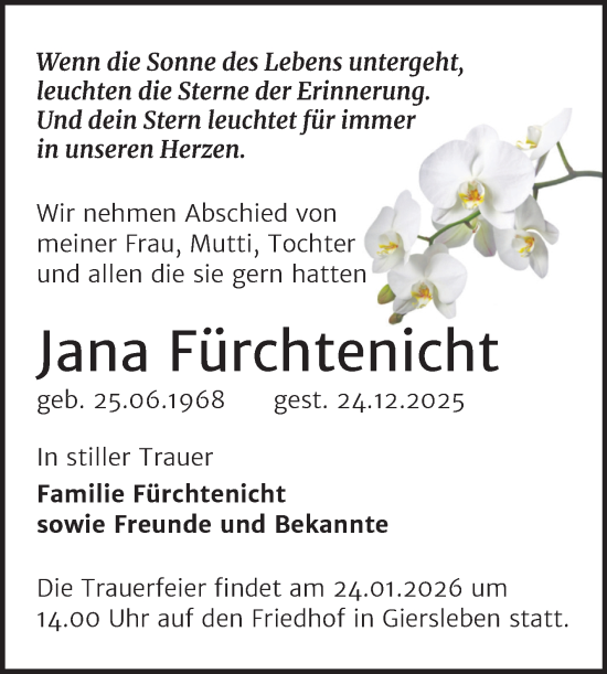 Traueranzeige von Jana Fürchtenicht von Trauerkombi Aschersleben