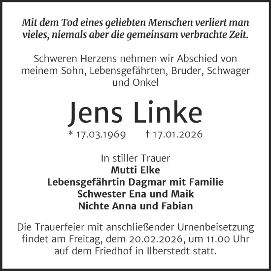 Traueranzeige von Jens Linke von Trauerkombi Bernburg