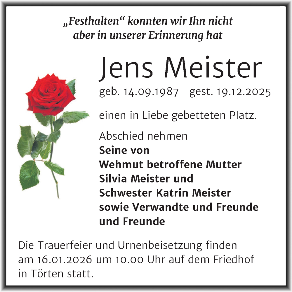  Traueranzeige für Jens Meister vom 13.01.2026 aus Mitteldeutsche Zeitung Dessau-Roßlau