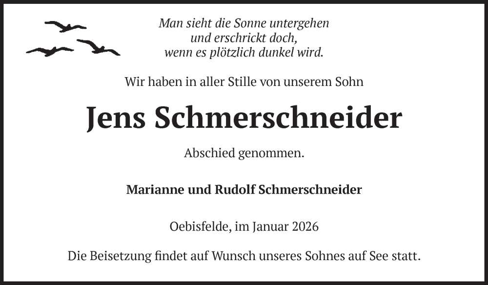  Traueranzeige für Jens Schmerschneider vom 31.01.2026 aus Volksstimme Altmark West
