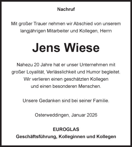Traueranzeige von Jens Wiese von Volksstimme Magdeburg