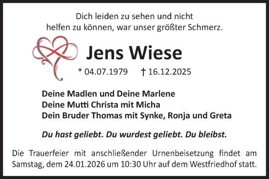 Traueranzeige von Jens Wiese von Volksstimme Magdeburg