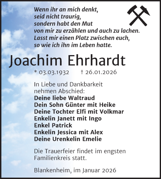 Traueranzeige von Joachim Ehrhardt von Trauerkombi Sangerhausen