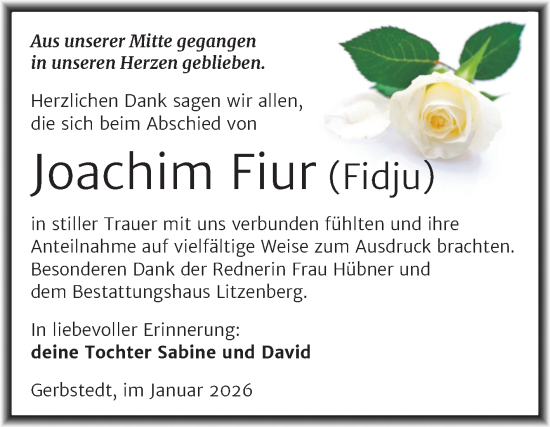 Traueranzeige von Joachim Fiur von Trauerkombi Mansfelder Land