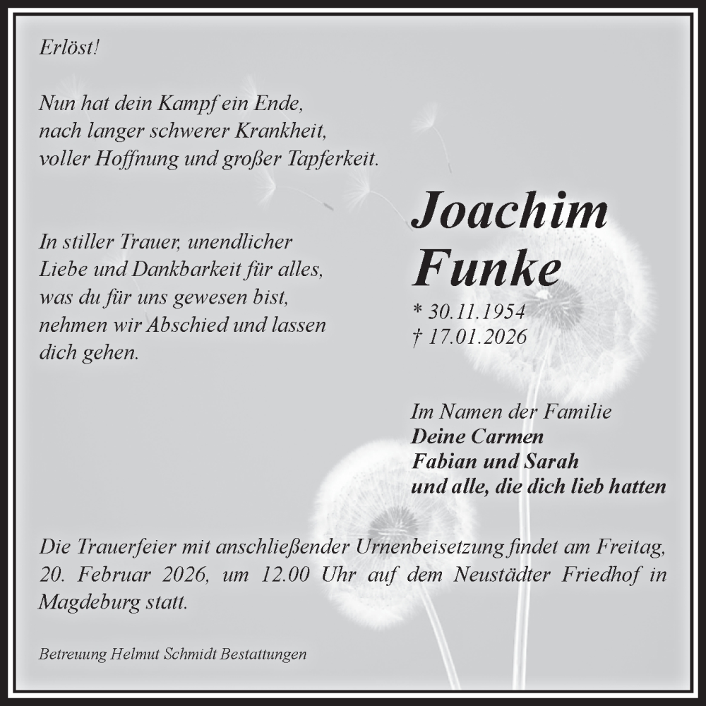  Traueranzeige für Joachim Funke vom 31.01.2026 aus Volksstimme Oschersleben/Wanzleben