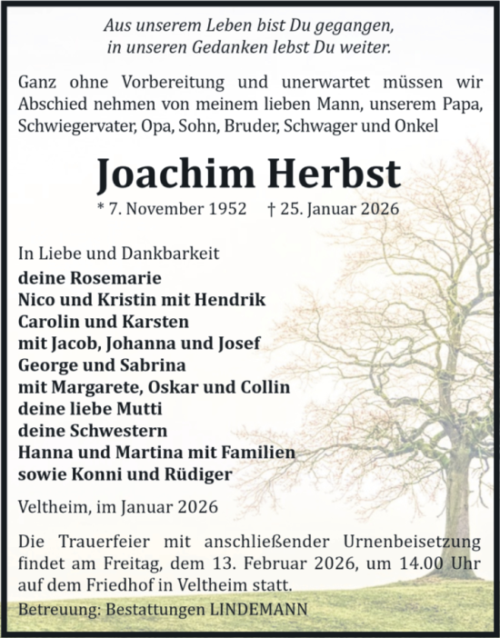 Traueranzeige von Joachim Herbst von Volksstimme Halberstadt