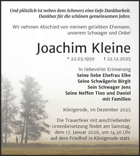 Traueranzeige von Joachim Kleine von Trauerkombi Quedlinburg