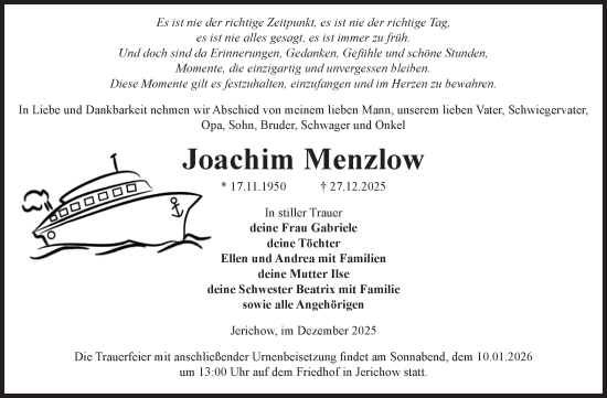 Traueranzeige von Joachim Menzlow von Volksstimme Burg/Genthin