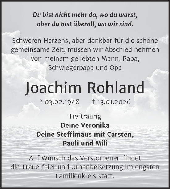 Traueranzeige von Joachim Rohland von Trauerkombi Köthen
