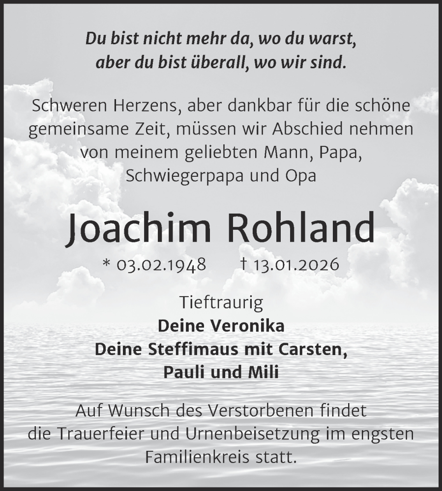  Traueranzeige für Joachim Rohland vom 24.01.2026 aus Trauerkombi Köthen