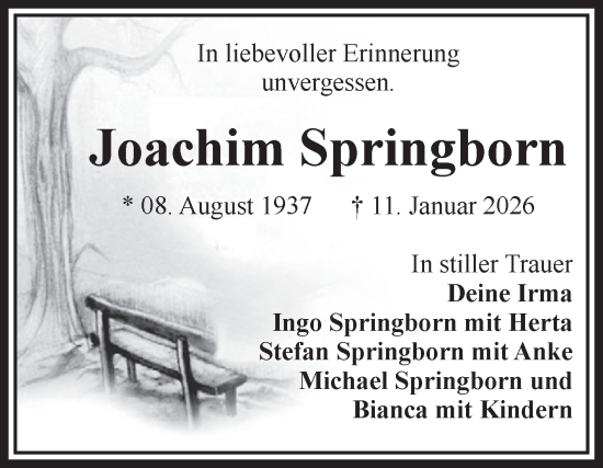 Traueranzeige von Joachim Springborn von Volksstimme Haldensleben/Wolmirstedt