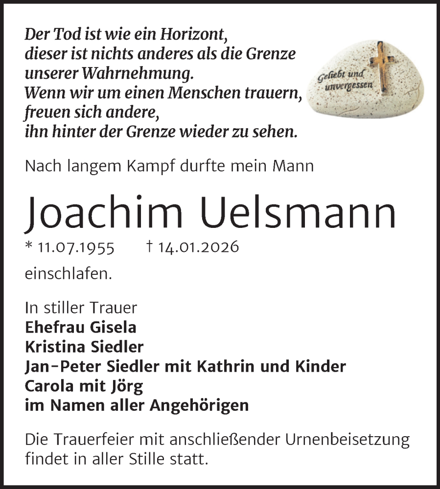  Traueranzeige für Joachim Uelsmann vom 24.01.2026 aus Trauerkombi Wittenberg