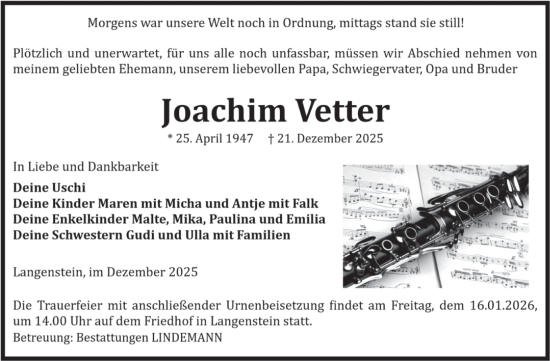 Traueranzeige von Joachim Vetter von Volksstimme Halberstadt