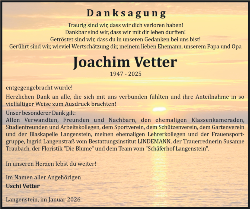  Traueranzeige für Joachim Vetter vom 24.01.2026 aus Volksstimme Halberstadt