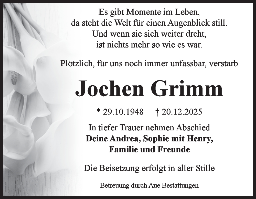  Traueranzeige für Jochen Grimm vom 10.01.2026 aus Volksstimme Magdeburg