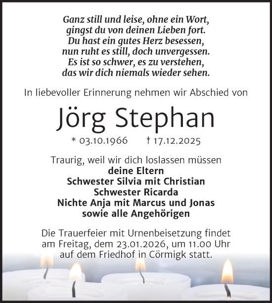 Traueranzeige von Jörg Stephan von Trauerkombi Bernburg