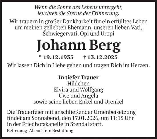 Traueranzeige von Johann Berg von Volksstimme Altmark Ost